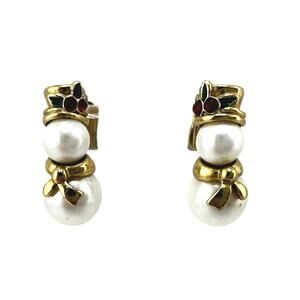 Avon Faux Pearl Snowmen Rhinestone Accent Christmas Winter .75" Stud Earrings